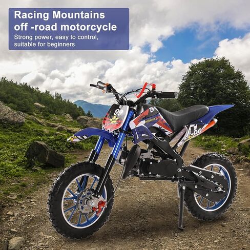 50cc 2-Stroke Dirt Bike for Adults & Kids, Mini Dirt Bike Gas Powered Bike, Motorcycle with Off-Road Tires, Front/Rear Disc Brakes, Shock Absorption, Max Speed 25MPH & Support 330IBS Blue in Saudi Arabia