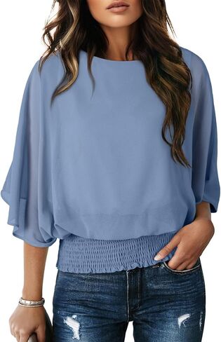 Dokotoo Womens Solid Short Sleeve Boat Crew Neck Chiffon Blouses 3/4 Sleeve Casual Dressy Shirts Batwing Dolman Top Tunic in Saudi Arabia
