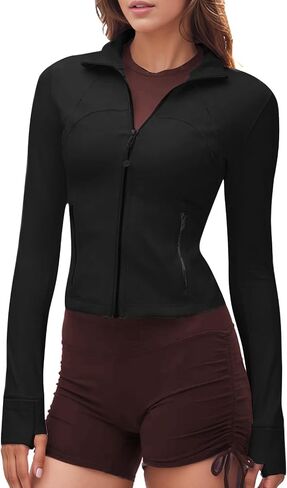 Workout Jackets for Woman: Athletic Gym Running Cropped Zip Up Tops with Thumb Holes Slim Fit Lightweight Sportswear in Saudi Arabia