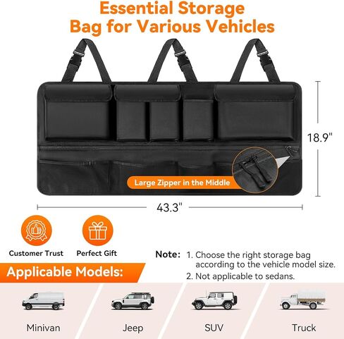 Rhino Valley Trunk Organizer for SUV, 35.5" × 18.2" Car Organizer, Backseat Hanging Storage Bag with 10 Pockets & Adjustable Straps, Waterproof & Foldable Car Interior Accessories for SUV Truck MPV in Saudi Arabia