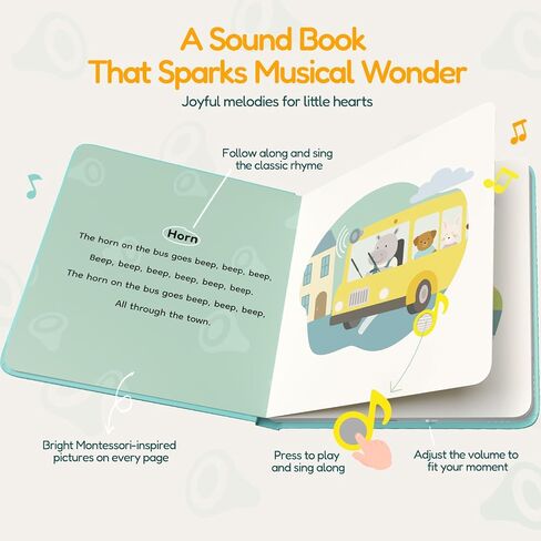 The Wheels on The Bus Musical Book for Toddler– Rechargeable Baby Sound Book with 6 Songs, Interactive Singing Nursery Rhyme Board Books for Toddlers 0-3 Years Old, Musical Bus Toy for Early Learning in Saudi Arabia