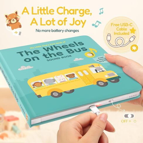 The Wheels on The Bus Musical Book for Toddler– Rechargeable Baby Sound Book with 6 Songs, Interactive Singing Nursery Rhyme Board Books for Toddlers 0-3 Years Old, Musical Bus Toy for Early Learning in Saudi Arabia