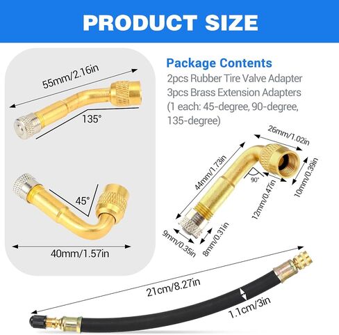 Lusofie 5 Pack Tire Valve Extender Includes 2pcs 8.25 Inch Flexible Tire Valve Extender and 3pcs Brass 45 90 135 Degree Tires Valves Stem Extension Adaptor for RV Cars Motorcycle Truck Bike Scooter in Saudi Arabia