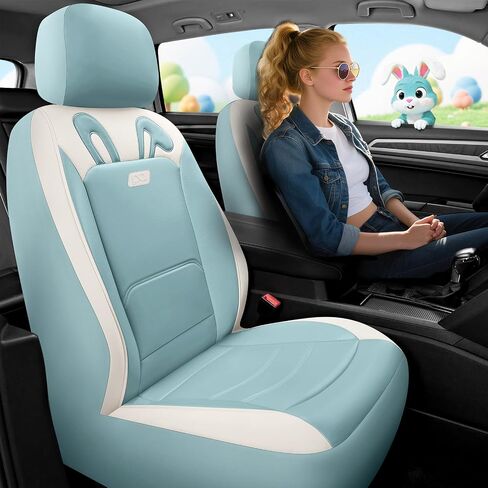 أغطية مقاعد السيارة PIC AUTO، أغطية مقاعد جلدية باللون البيج الفاخر على شكل أرنب لطيف، أغطية مقاعد أمامية مناسبة عالميًا للسيارات والشاحنات وسيارات الدفع الرباعي، حماية داخلية تلقائية ناعمة ومقاومة للاهتراء مع وسادة هوائية متوافقة in Kuwait