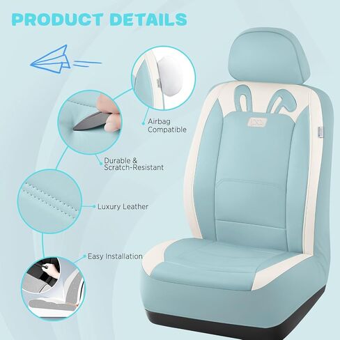 أغطية مقاعد السيارة PIC AUTO، أغطية مقاعد جلدية باللون البيج الفاخر على شكل أرنب لطيف، أغطية مقاعد أمامية مناسبة عالميًا للسيارات والشاحنات وسيارات الدفع الرباعي، حماية داخلية تلقائية ناعمة ومقاومة للاهتراء مع وسادة هوائية متوافقة in Kuwait