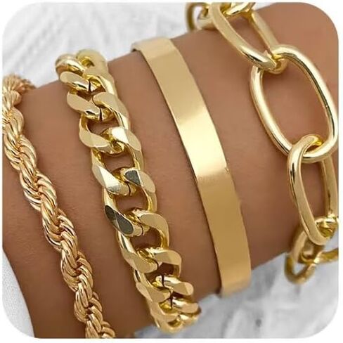 14K Gold 4PC Bracelet Set - Exaggerated Punk Style, Matte Finish & Hip-Hop Metal Chain Design, Stylish Unisex Jewelry for Daily Wear & Parties​ (Gold) in Saudi Arabia