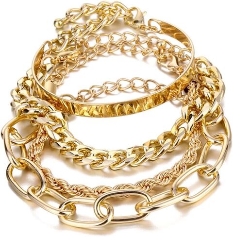 14K Gold 4PC Bracelet Set - Exaggerated Punk Style, Matte Finish & Hip-Hop Metal Chain Design, Stylish Unisex Jewelry for Daily Wear & Parties​ (Gold) in Saudi Arabia