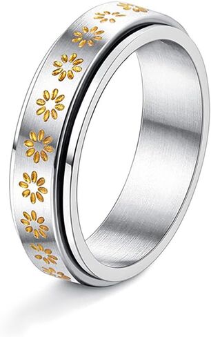 Anxiety Spinner Ring 6mm Titanium Steel Rotating Fidget Ring Stress Relieving Wedding for Him Her Couple Promise Lover Jewelry Lucky Daisy Sunflower Rings Women Men Comfort Fit Band in Saudi Arabia