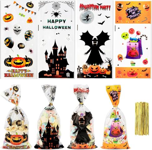 BOEIAC Thanksgiving Treat Bags,100 Pcs Thanksgiving Fall Cellophane Treat Bags, Plastic Autumn Maple Leaves Pumpkin Candy Goodie Bags with Twist Ties for Thanksgiving Fall Theme Party Favor in Kuwait