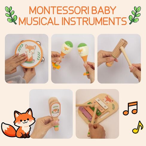 Wooden Musical Instruments Set for Toddlers, Natural Wood Percussion Instruments Xylophone Gift Set for Girls Boys Kids ,Preschool Educational Musical Toys with Storage Bag (Orange Set) in Saudi Arabia
