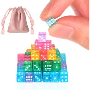 100 Pack Small Dice Set 5mm with 1 Velvet Bag Game Dice 6 Sided Mini Dice Set Transparent Tiny Dice Colored Dice Square Corner for Casino Night Parties Early Elementary Math Learning Counters