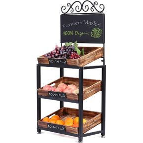 MyGift Vintage Metal Freestanding Fruit and Produce Stand with 3 Tiered Burnt Wood Tray Display Shelf and Decorative Chalkboard Signs