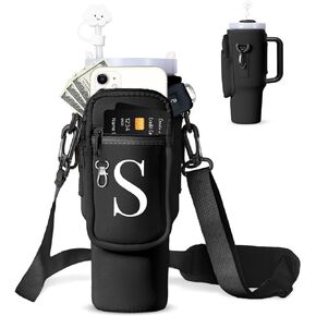 dabria Initial A-Z Water Bottle Bag with Phone Pocket for Stanley 40 oz Tumbler Neoprene Water Bottle Holder Pouch with Adjustable Strap Bollus with Straw Cover & Carabiner for Stanley Cup Accessories