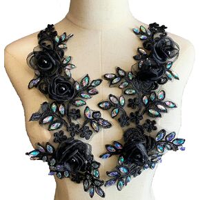 Heyiwell 1Pair Black Rose Flowers 3D Embroidery Crystal Rhinestones Appliques Lace Patch for Wedding Clothing Accessories 13.7"x 6.3"Inch