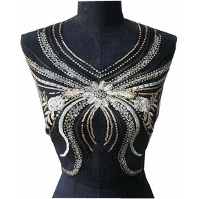 Silver Gold Sequin Patches Tassel Black Lace Fabric Flower Fabric V Collar Embroidered Gown Appliques Sew Patch for Wedding Bridal Decoration Dress DIY (Style 2), Ivory,Gold,Silver