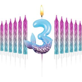 MTLEE 13 Pcs Birthday Candles Set 1 Mermaid Birthday Candle with 12 Pcs Rainbow Spiral Candles Mermaid Cake Toppers Mermaid Birthday Decorations Mermaid Theme Birthday Cake Candles (Number 1)