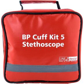 LINE2design Manual BP Cuff Kit 5 Infant Child Adult Large Adult & Thigh - EMS Deluxe Aneroid Sphygmomanometer Blood Pressure Monitor Set + Stethoscope with Carrying Case – Red