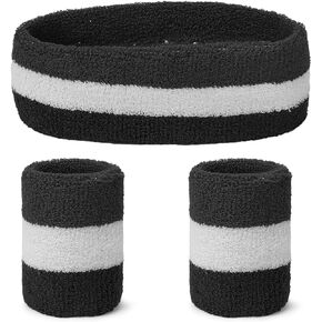Yolev Striped Sweatband Set Sports Headband Wristband (1 Headband and 2 Wristbands) Set Sweatbands for Athletic Men and Women