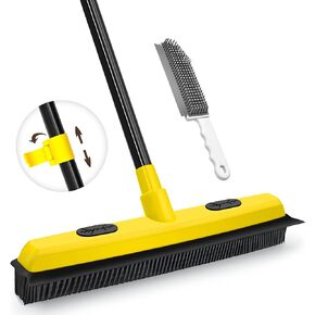 Dolanx Rubber Broom with Squeegee, Pet Hair Removal 52.8 inches Long Handle, Push Fur Remover Tool with Portable Detailing Lint Brush for Fluff Carpet, Window, Tile, Hardwood Floor Cleaning (Yellow)