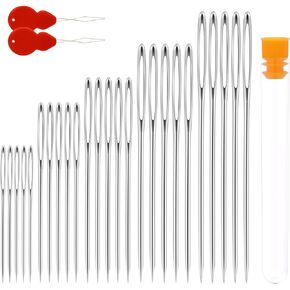 Large Eye Sewing Needles,25 PCS Stainless Steel Embroidery Needles with 2 PCS Needle Threaders Yarn Needle Cross Stitching Needles for Hand Sewing (5 Sizes)