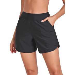 RELLECIGA Women's High Waisted Swim Shorts with Pockets UV Sun Protection Board Shorts for Women