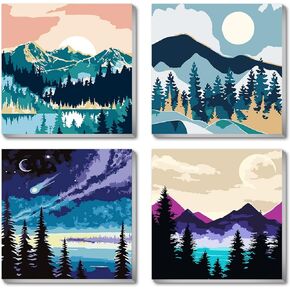 UNIQUORS 4 PCS Paint by Numbers for Adults Framed Canvas, Moon Mountain Landscape Oil Painting Crafts for Adults Kids Beginner, Acrylic Paint Set for Home Wall Decor, 8 X 8 in