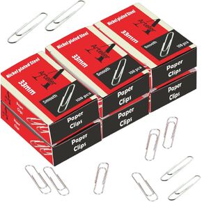 Artelier Smooth Paper Clips, 650 medium size Paper clips, school office supplies, 33mm x 8mm (1.3"x0.3") Silver Nickel Plated Paperclips for Office School & Personal Use Standard Size (Smooth)-6 boxes