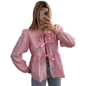 EsheSy Women's Bow Tie Front Babydoll Blouse Long Sleeve Peplum Ruffle Hem Reversible Shirts Summer Tops