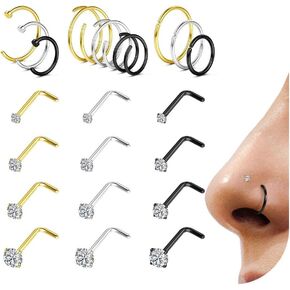 LOYALLOOK 21Pcs Nose Rings Studs - 316L Surgical Steel Gold Nose Studs Double Hoop Nose Ring for Women Men 18G 20G Silver Gold Black Nose Rings Stud Hypoallergenic Nose/Body Piercing Jewelry 1.5mm 2mm 2.5mm 3mm Clear CZ