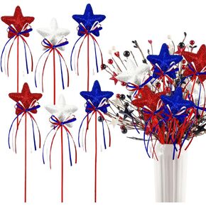 6 Pcs 4th of July Glitter Puffy Star Picks Foam Sparkly Sticks for Americana Independence Day Party Crafts Supplies Decorations, Memorial Day Patriotic Decor (Red White Blue)