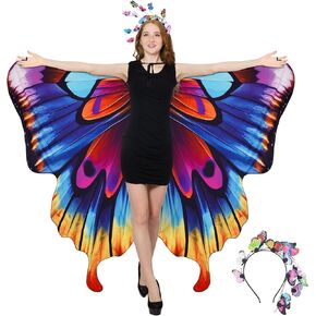 cosmisun Double-Sided Printing Butterfly Wings Shawl Costume and Headband Set Fairy Butterfly Wings Cape Halloween 69x57inch