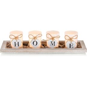 Romadedi Farmhouse Centerpiece Candle Holder Decor - Rustic Wooden Tray with 4 Glass Tealight Candles Holders for Coffee Table Home Decorations Living Room Fireplace Kitchen Housewarming Gifts