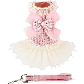 Dog Soft Dress Mesh Skirt with Pearls Accessory and Bow Tie Leash for Small Medium Dogs Christmas Holiday Picnic Birthday Party (Pink, XS)