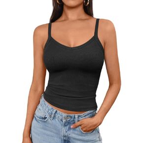 AUTOMET Womens Tank Top for Women Ribbed Sleeveless Racerback V Neck Sapghetti Strap Cropped Tops Camisole Knit Layering Tees