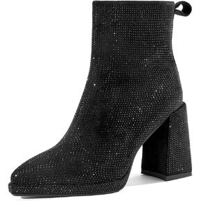 Eurouram Women Rhinestone Ankle Boots Sparkly Chunky Heels Booties Zipper Design Party Prom Ladies Booties