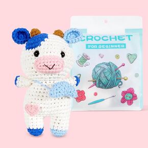 Lansatte Cute Cow Corchet Kit for Beginners, Adults and Kids, Amigurumi Animal Starter Knitting Craft Kit Supplies with Step by Step Video Tutorials, Beginner Friendly Yarn, Crochet Craft Hobby Gifts