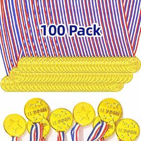 sunioine 100 Pieces Gold Medals for Awards for Kids, Plastic Winner Award Medals for Kids Sports Awards, Soccer Medals, Team Participation Trophies, Games, Party Favors Medals
