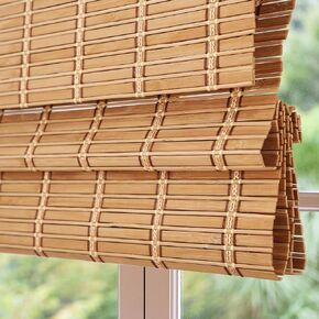 Sunbox Cordless Bamboo Roman Shade Blind, Woven Wood Roman Shades, Light Filtering Natural Bamboo Shades for Windows, French Doors, 33.5" W x 48" H, Caramel Brown in Kuwait
