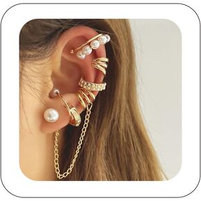 Fanquility 8Pcs Ear Cuff Earrings for Women Ear Cuffs Non Piercing Fake Earrings Adjustable Pearl Earrings Punk Chain Earrings for Women Dainty Ear Cuff Jewelry Set