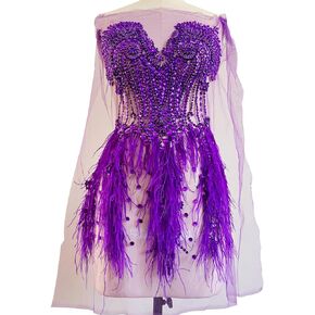 Zbroh Beautiful Ostrich fur decoration large full bodice applique pure handsewing rhinestones beads lace trim patches