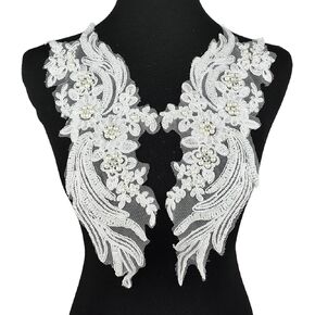1 PC White Lace Beaded Sequins Flower Applique Sew on Embroidered Lace Patch Applique Decor for Clothing Wedding Dress Decoration DIY Sewing Craft 13.4"x 9.4"Inch