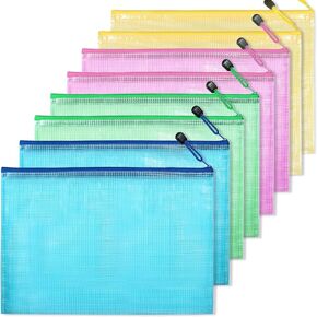 Mesh Zipper Pouch Bags, 8PCS A4 Zipper Pouches for Documents Files, Assorted Colors-Pink, Yellow, Green, Blue Mesh Bags with Zipper, 13.2X 9.2 INCH