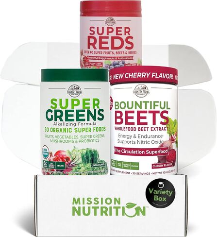 Mission Nutrition Country Farms Super Greens Powder, Super Reds Powder, Bountiful Beets Powder – Energizing Superfood Drink Mix Variety Box – Vegan, Non GMO in Saudi Arabia