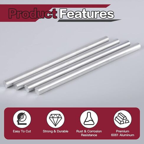 قطعتان من قضيب ألومنيوم دائري بقطر 3/4 بوصة، قضيب دائري ألومنيوم 6061 طويل 13 بوصة، T6511 مقذوف صلب، قطر 0.75 بوصة، للحرف اليدوية (3/4 × 13 بوصة، 2) in Kuwait