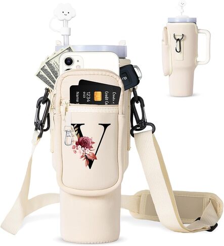 dabria Initial A-Z Water Bottle Bag with Phone Pocket for Stanley 40 oz Tumbler Neoprene Water Bottle Holder Pouch with Adjustable Strap Bollus with Straw Cover & Carabiner for Stanley Cup Accessories in Saudi Arabia