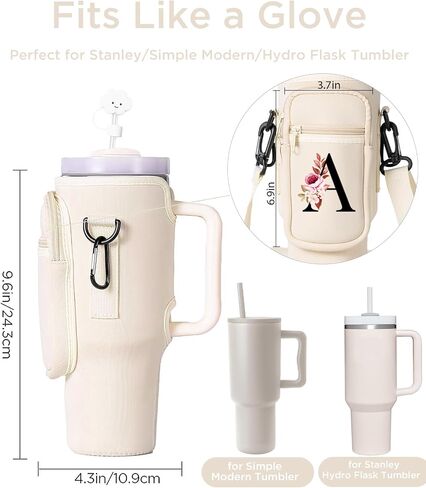 dabria Initial A-Z Water Bottle Bag with Phone Pocket for Stanley 40 oz Tumbler Neoprene Water Bottle Holder Pouch with Adjustable Strap Bollus with Straw Cover & Carabiner for Stanley Cup Accessories in Saudi Arabia