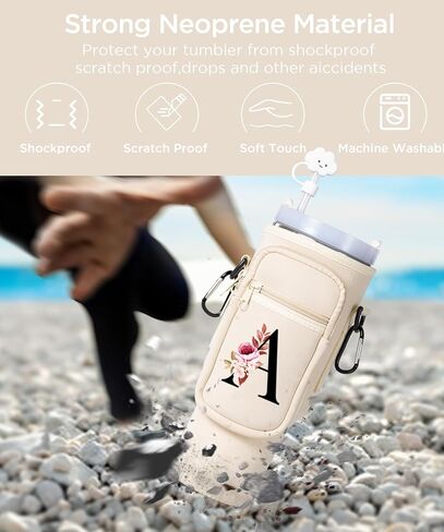 dabria Initial A-Z Water Bottle Bag with Phone Pocket for Stanley 40 oz Tumbler Neoprene Water Bottle Holder Pouch with Adjustable Strap Bollus with Straw Cover & Carabiner for Stanley Cup Accessories in Saudi Arabia