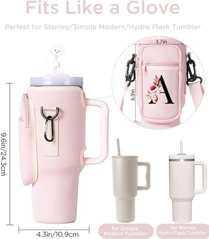 dabria Initial A-Z Water Bottle Bag with Phone Pocket for Stanley 40 oz Tumbler Neoprene Water Bottle Holder Pouch with Adjustable Strap Bollus with Straw Cover & Carabiner for Stanley Cup Accessories in Saudi Arabia