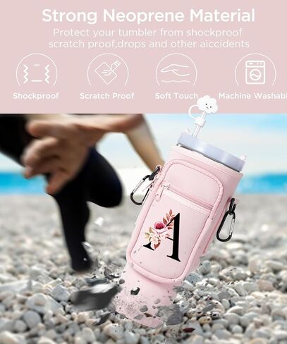 dabria Initial A-Z Water Bottle Bag with Phone Pocket for Stanley 40 oz Tumbler Neoprene Water Bottle Holder Pouch with Adjustable Strap Bollus with Straw Cover & Carabiner for Stanley Cup Accessories in Saudi Arabia