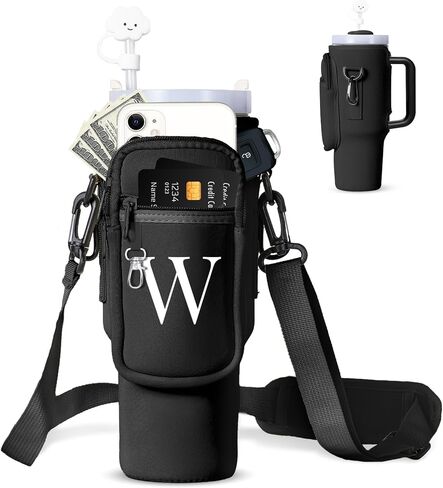 dabria Initial A-Z Water Bottle Bag with Phone Pocket for Stanley 40 oz Tumbler Neoprene Water Bottle Holder Pouch with Adjustable Strap Bollus with Straw Cover & Carabiner for Stanley Cup Accessories in Saudi Arabia